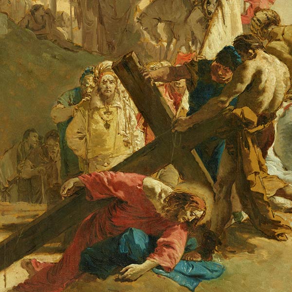 Painting of Jesus falling carrying a large cross, surrounded by onlookers and soldiers.