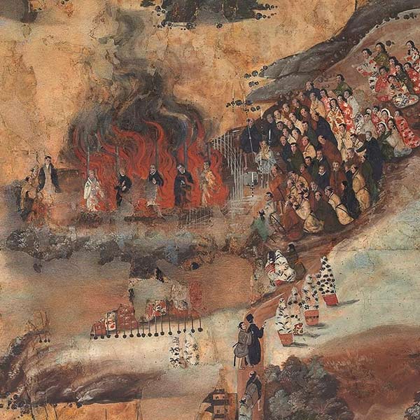 Ancient painting of people gathered around a fire with figures in flames and spectators watching.
