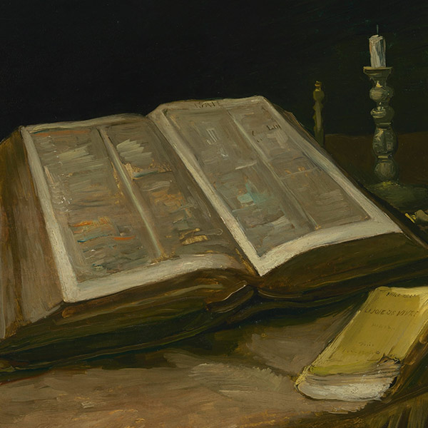 Painting of an open book on a table with a smaller closed book and a candle holder in the background.