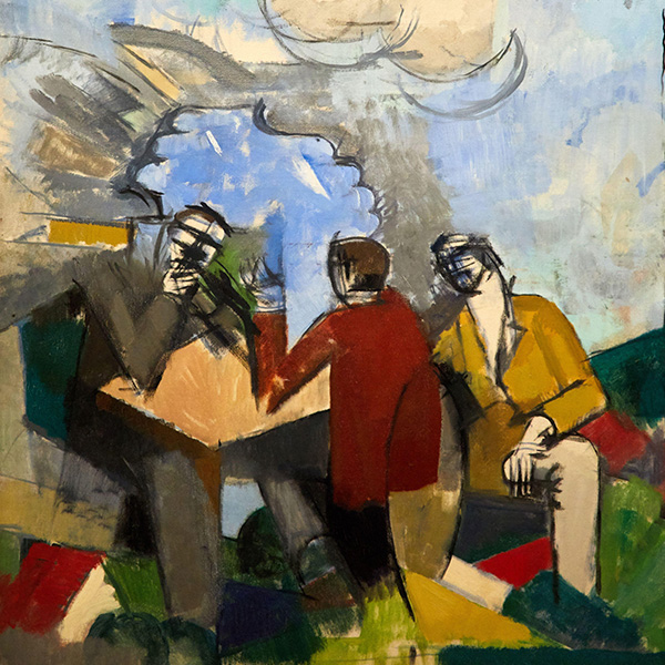Abstract painting of three figures sitting around a table with a blue sky and clouds in background.