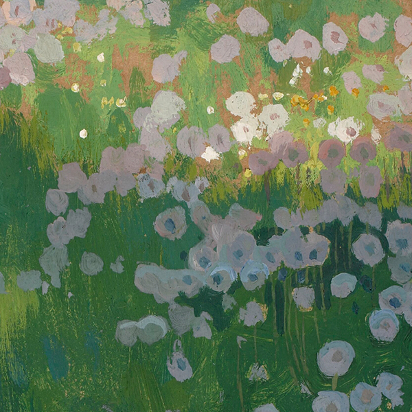 Impressionist-style painting of light purple and white flowers on green foliage background.