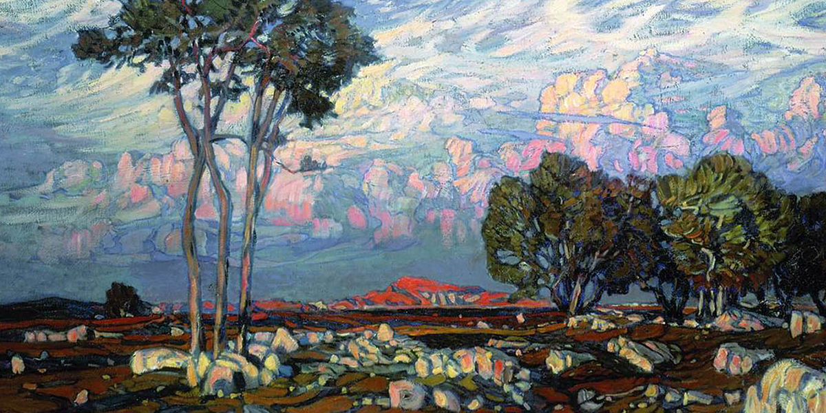 Landscape painting of trees, rocks, and a vibrant sky with pink and blue clouds.