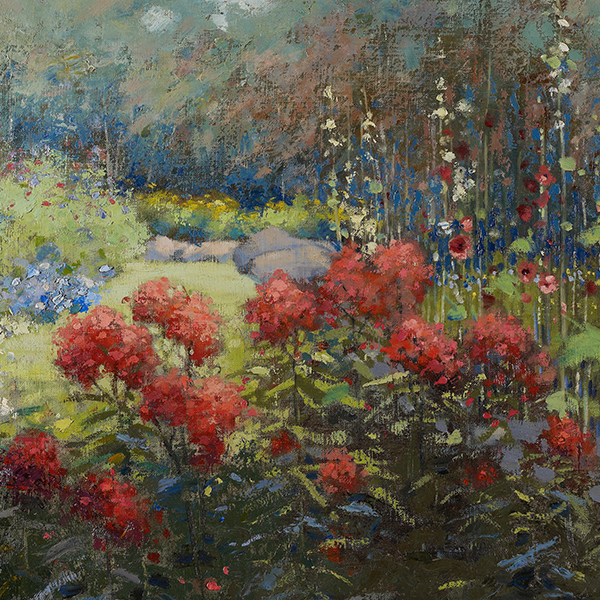 Impressionist painting of a garden with red flowers, green foliage, and tall stalks with white blooms.