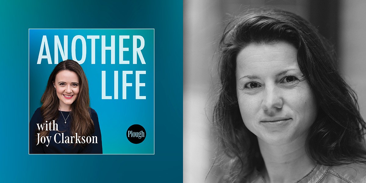 Podcast cover for Another Life with Joy Clarkson, image of smiling woman with long hair on blue background.