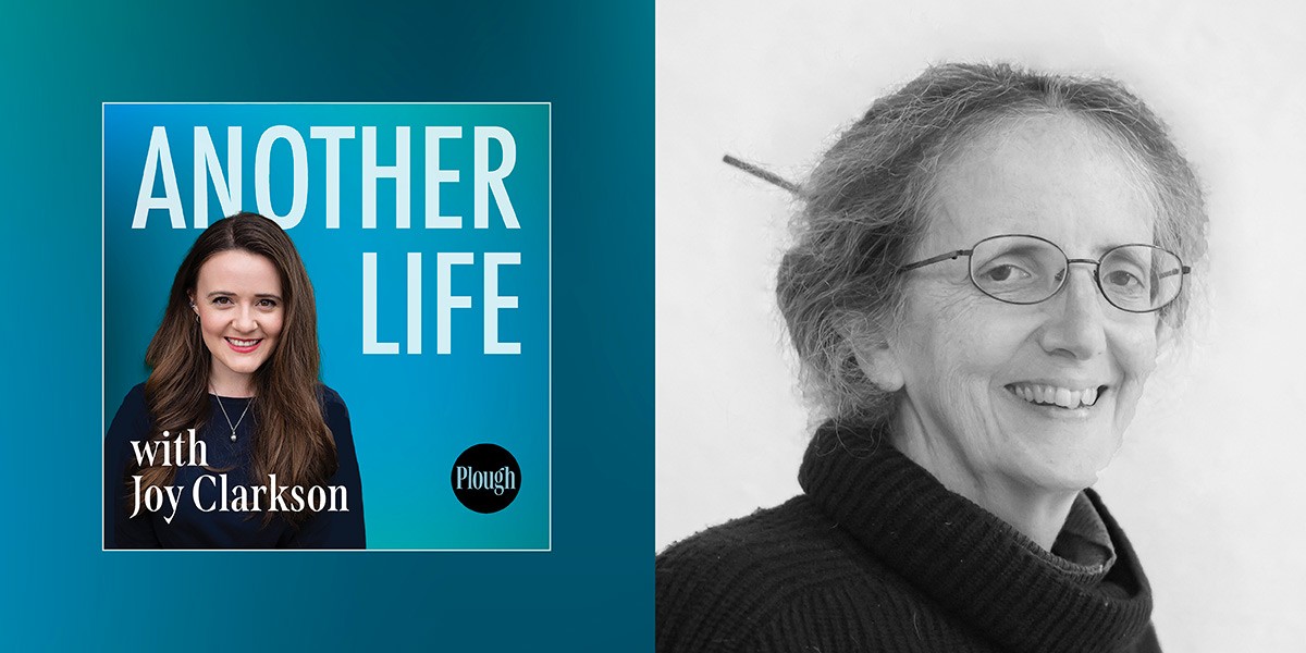 Podcast cover with host Joy Clarkson on blue background and black-and-white photo of a smiling woman with glasses.