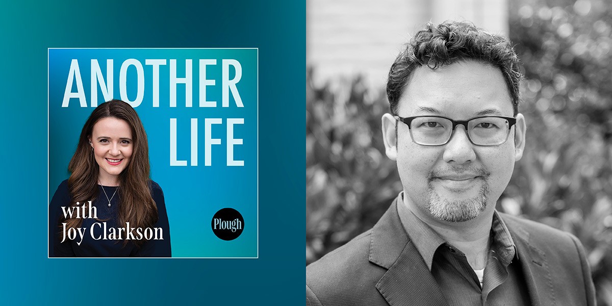 Split image: left is podcast cover with Joy Clarkson on blue background; right is black-and-white portrait of man.