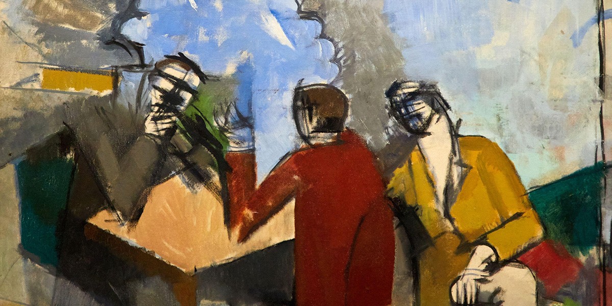 Abstract painting of three people sitting around a table, one in red, one in yellow, one in dark clothes.