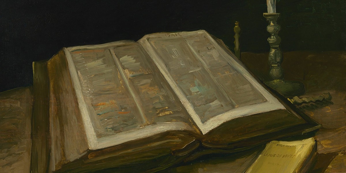 Painting of an open old book on a wooden table next to a candlestick with a wick broken off.