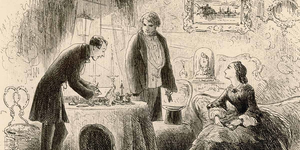Vintage black-and-white illustration of two men standing near a table and a woman seated on a couch.