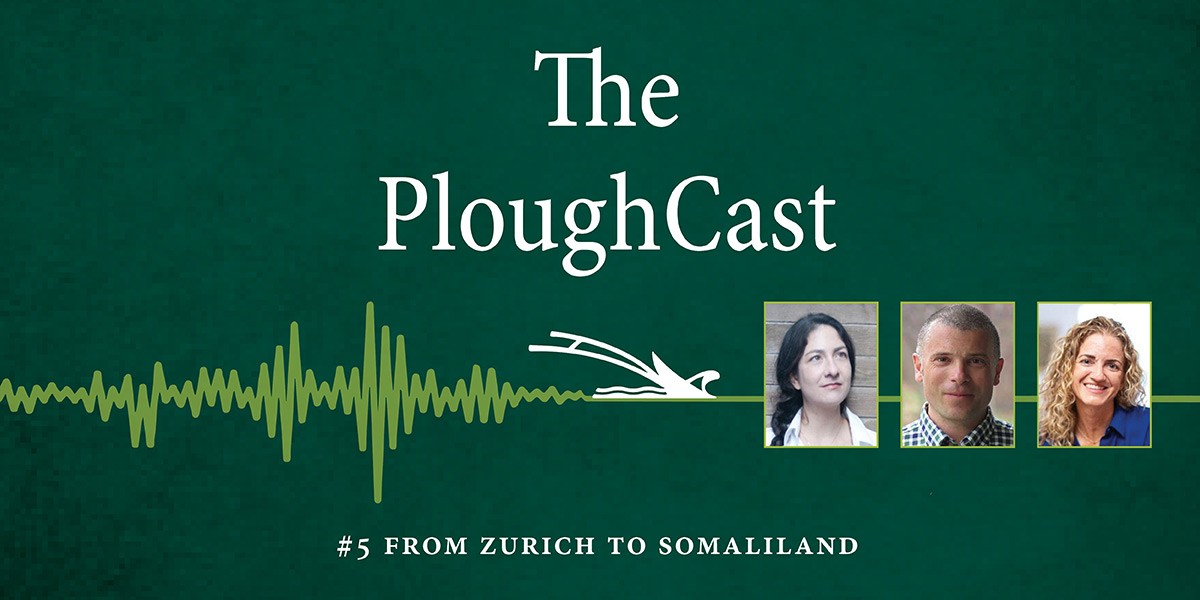 The PloughCast podcast title with soundwave, plough icon, and photos of three hosts on green background.