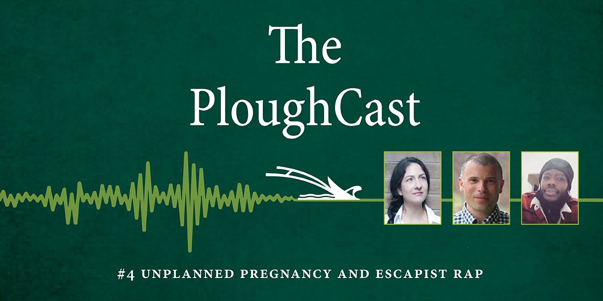 Podcast cover for The PloughCast episode 4 on unplanned pregnancy and escapist rap with three speakers’ portraits.