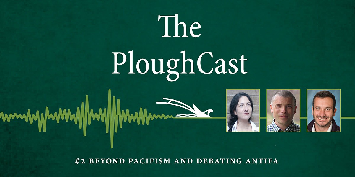 The PloughCast podcast title with three guest headshots and sound wave graphic on dark green background.