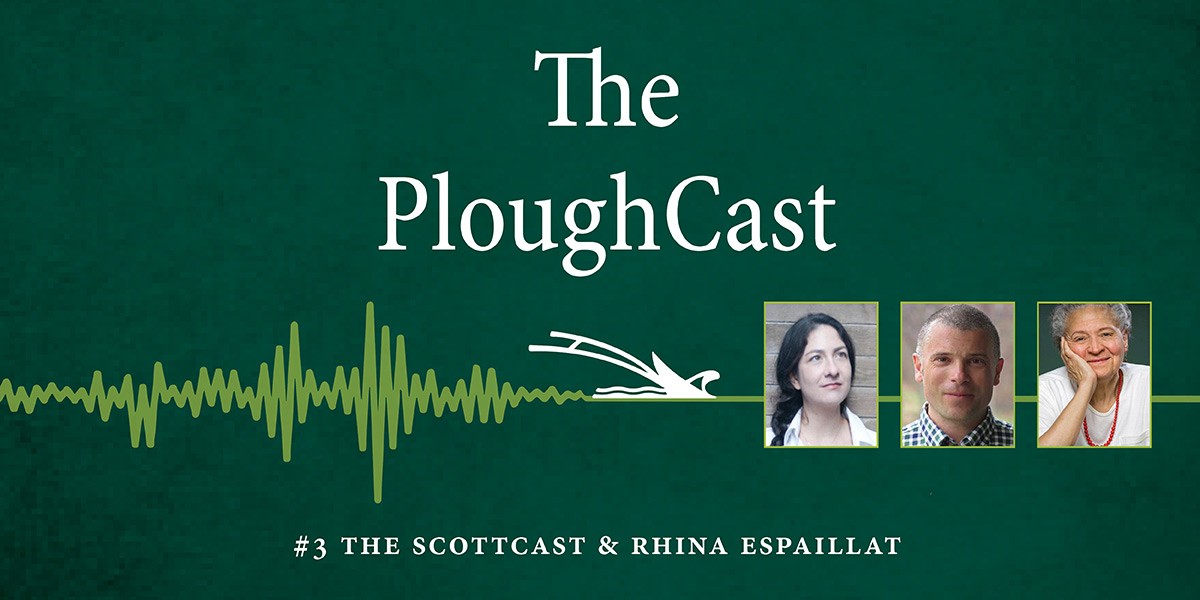 The PloughCast podcast title with soundwave and three headshots of podcast guests on dark green background.