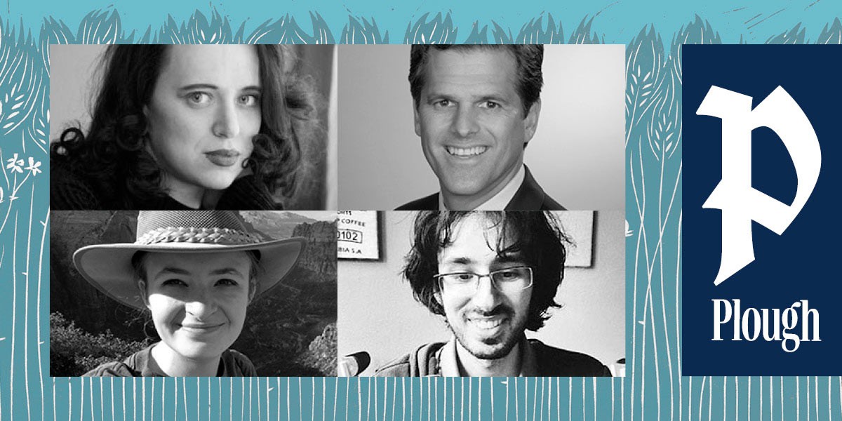 Collage of four black and white headshots with Plough logo on a blue patterned background.