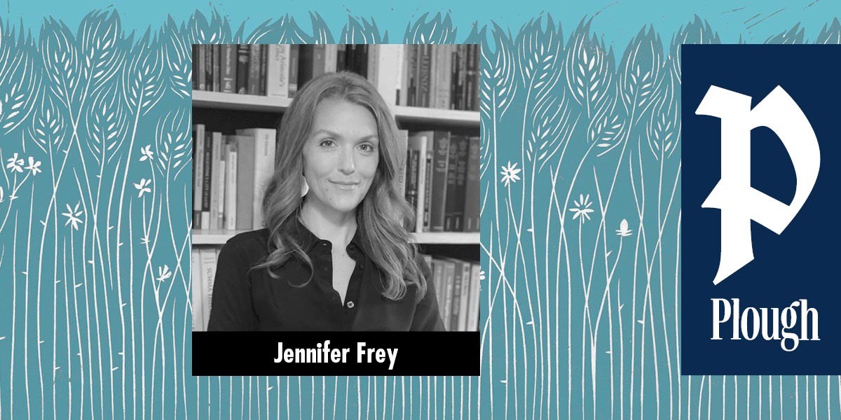 Black and white portrait of woman with wavy hair in front of a bookshelf, labeled Jennifer Frey.