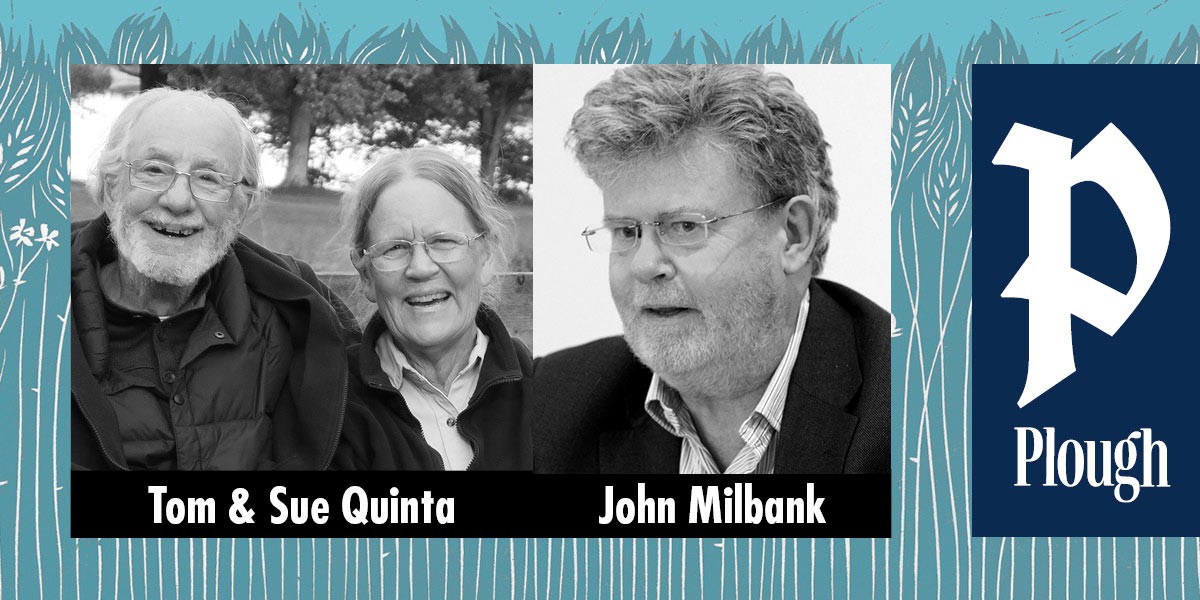 Black and white photos of smiling Tom and Sue Quinta and a portrait of John Milbank.