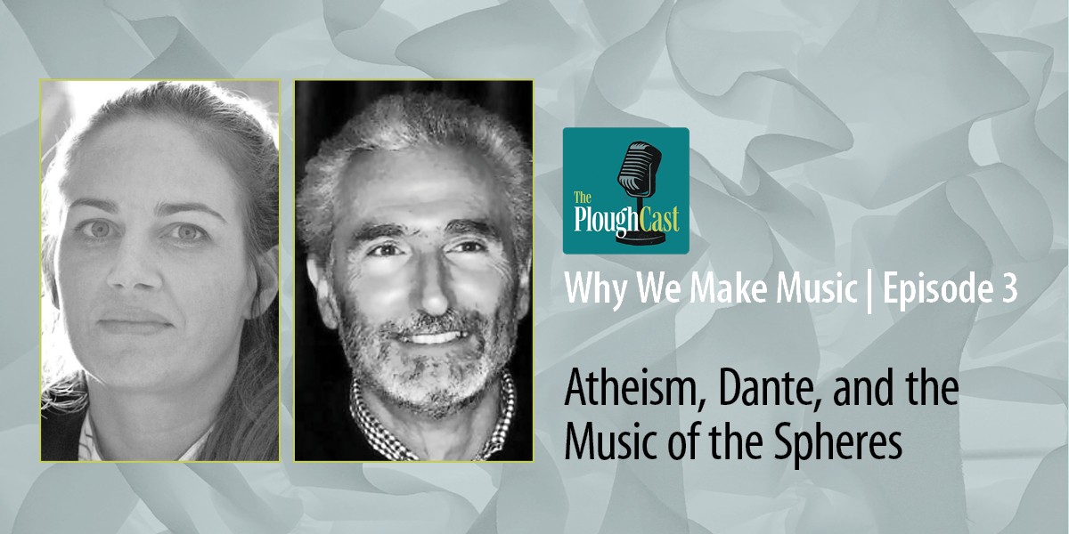 Two black-and-white headshots of a woman and a man with text about a podcast episode on music and atheism.
