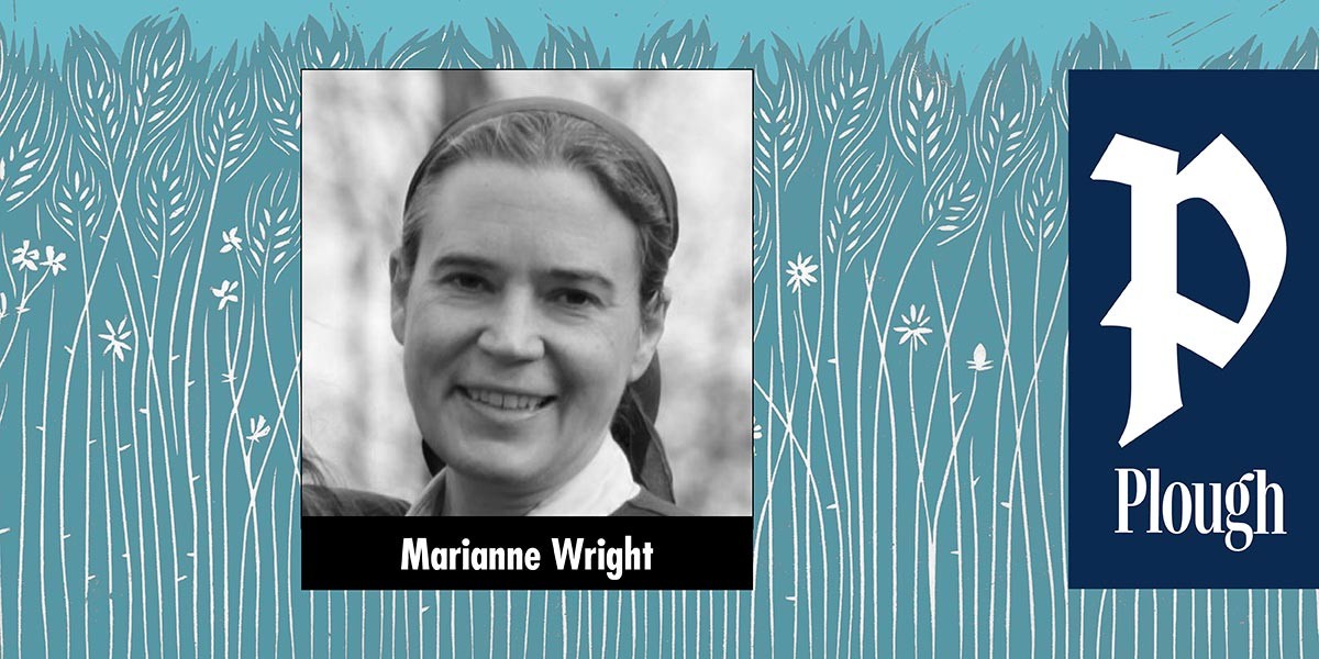 Black and white portrait of a smiling woman with a headband labeled Marianne Wright over a blue floral background.
