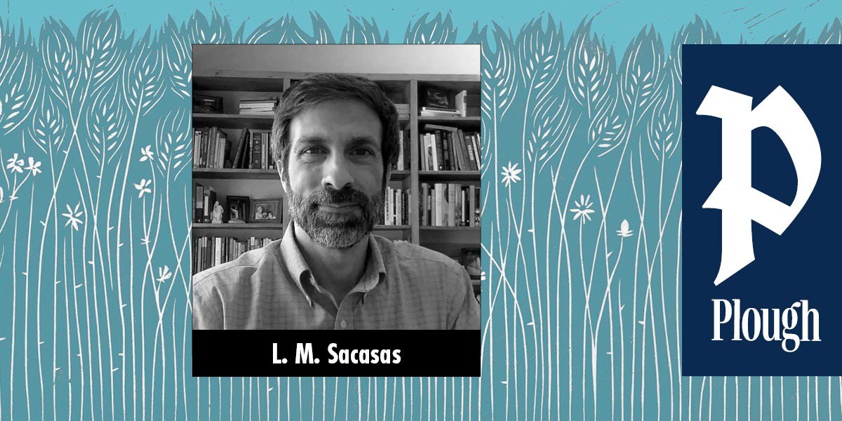 Black and white photo of L. M. Sacasas in front of a bookshelf with Plough logo on blue background.