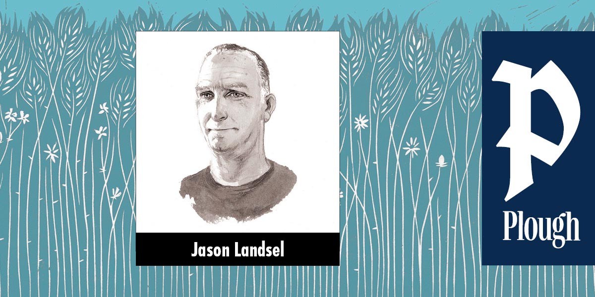 Illustrated portrait of Jason Landsel against a blue background with stylized white plants.