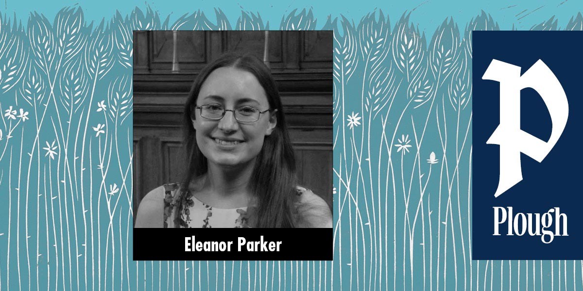 Black and white photo of a smiling woman with glasses labeled Eleanor Parker on a stylized blue background.