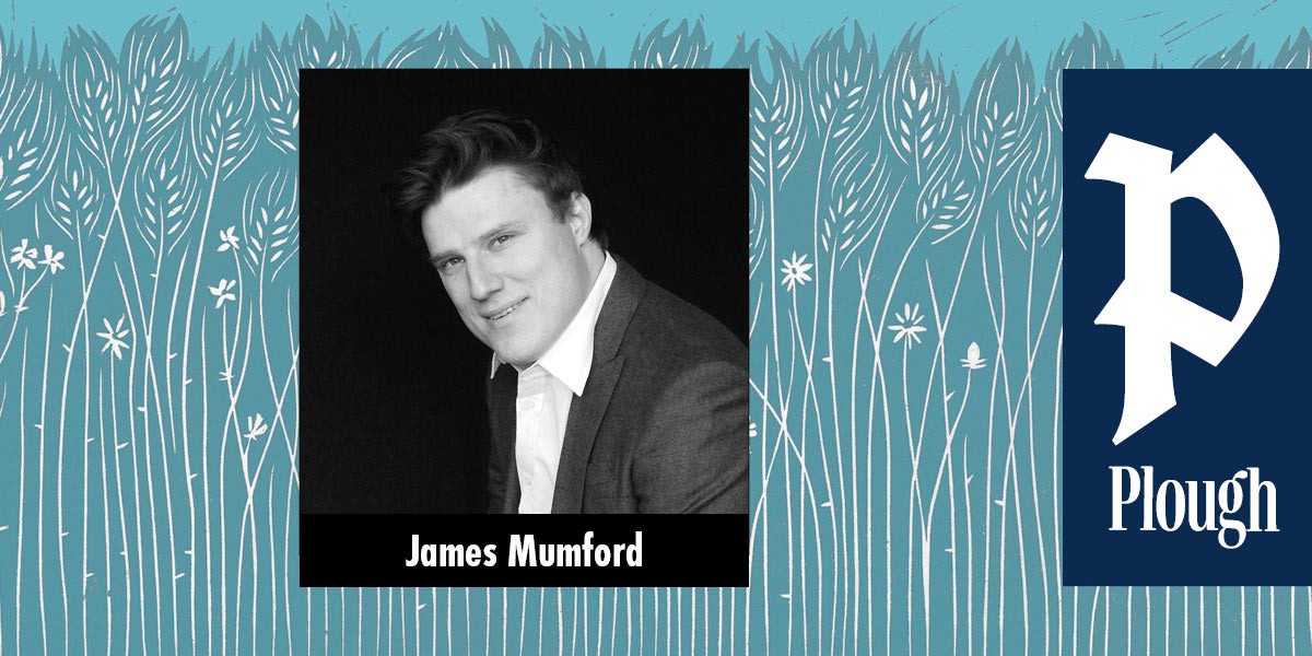 Black and white photo of a man in a suit jacket labeled James Mumford on a blue floral background with Plough logo.