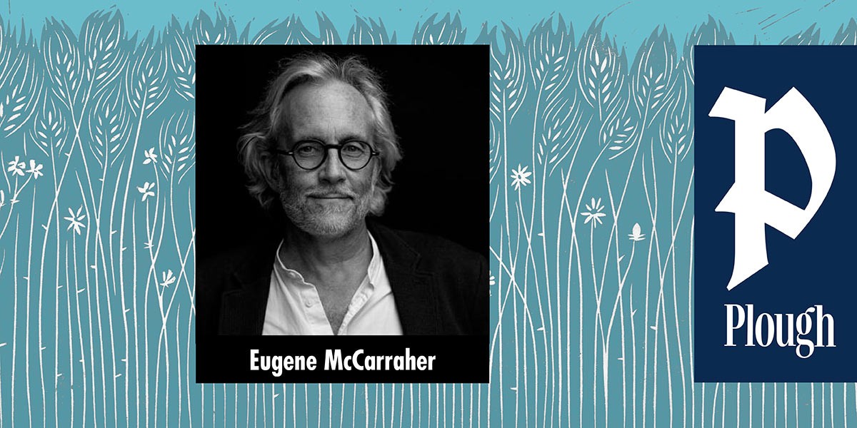 Black and white photo of a man with glasses and gray hair against a blue background with white plant illustrations.