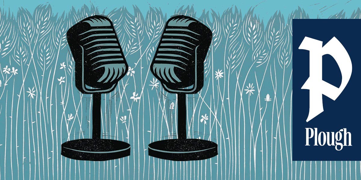 Illustration of two vintage microphones against a blue background with white wheat and flowers, next to Plough logo.