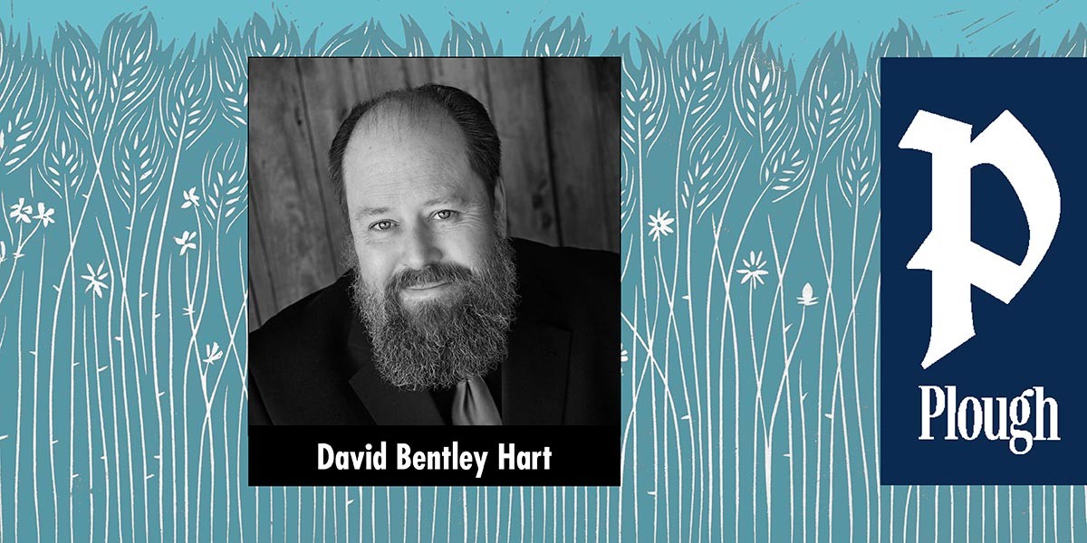 Black-and-white portrait of a bearded man in a suit, labeled David Bentley Hart, on a blue floral background.