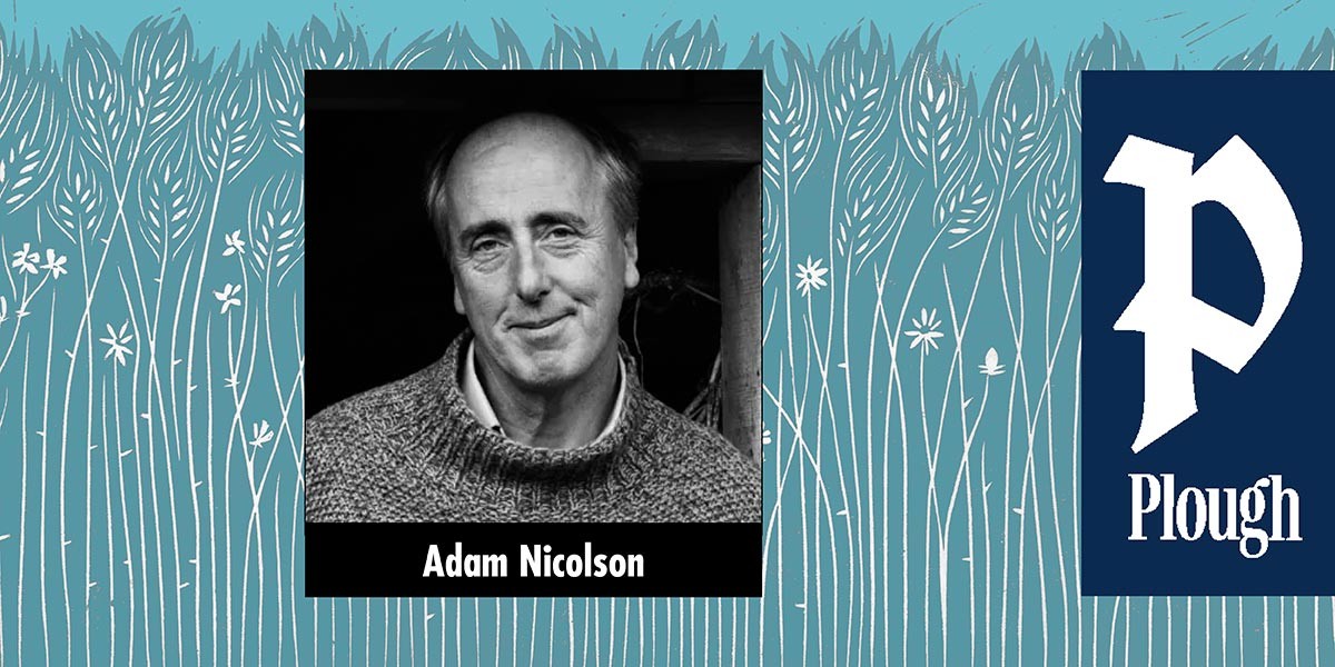 Black and white portrait of a smiling man named Adam Nicolson against a floral blue background.