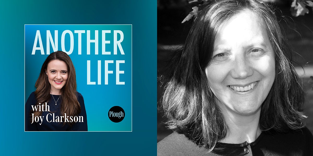 Title card for 'Another Life with Joy Clarkson' podcast and black-and-white photo of a smiling woman outdoors.