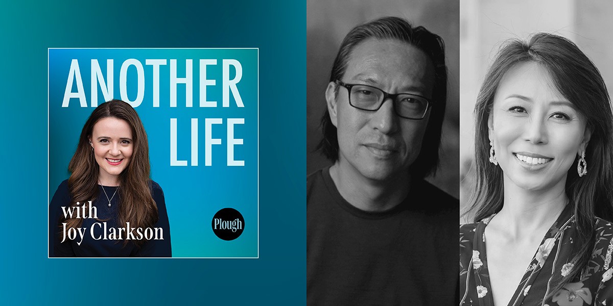 Podcast cover with Joy Clarkson and black-and-white portraits of a man and woman on blue background.