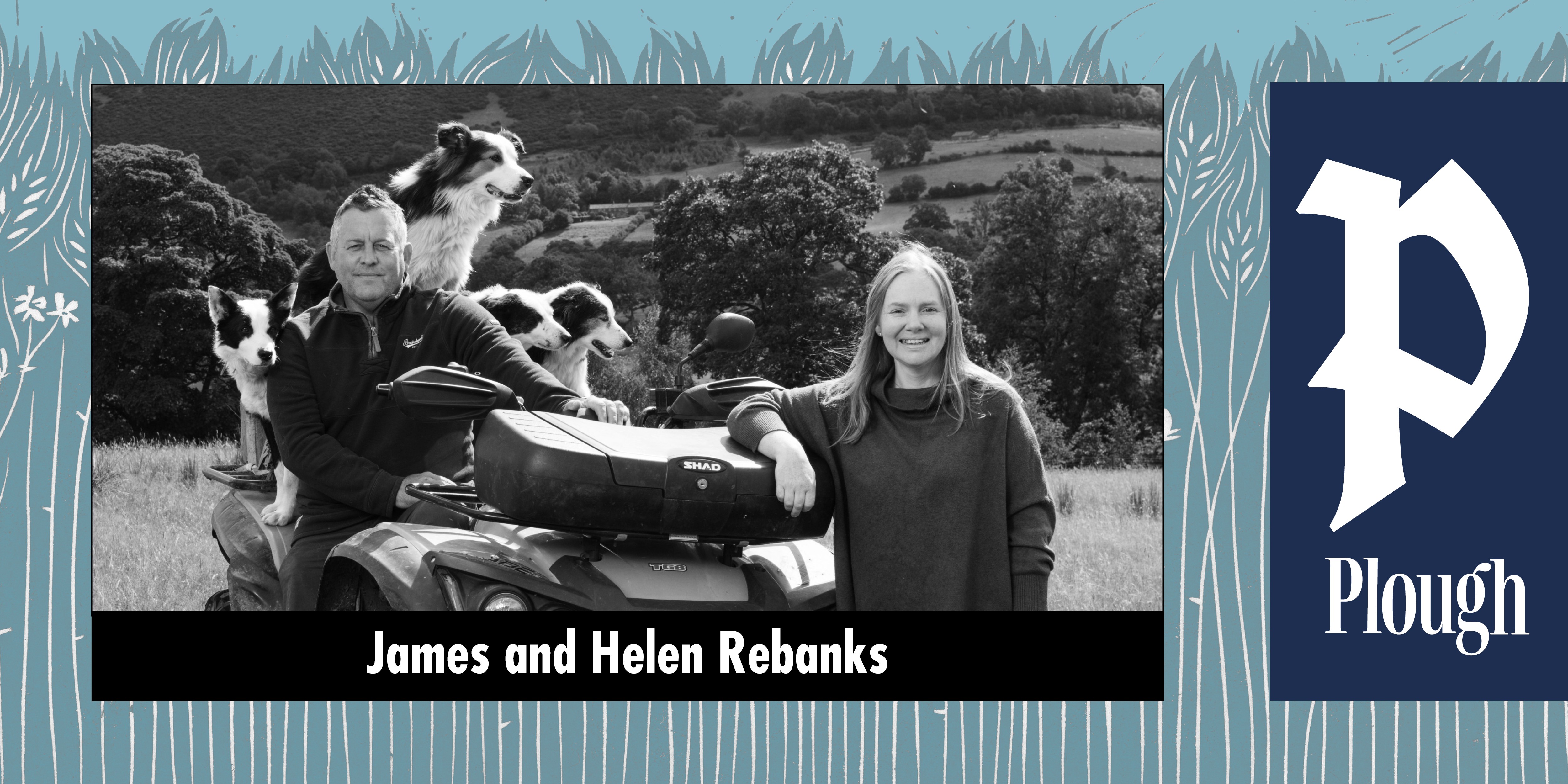 Man and woman with four dogs on an all-terrain vehicle in a grassy rural landscape.