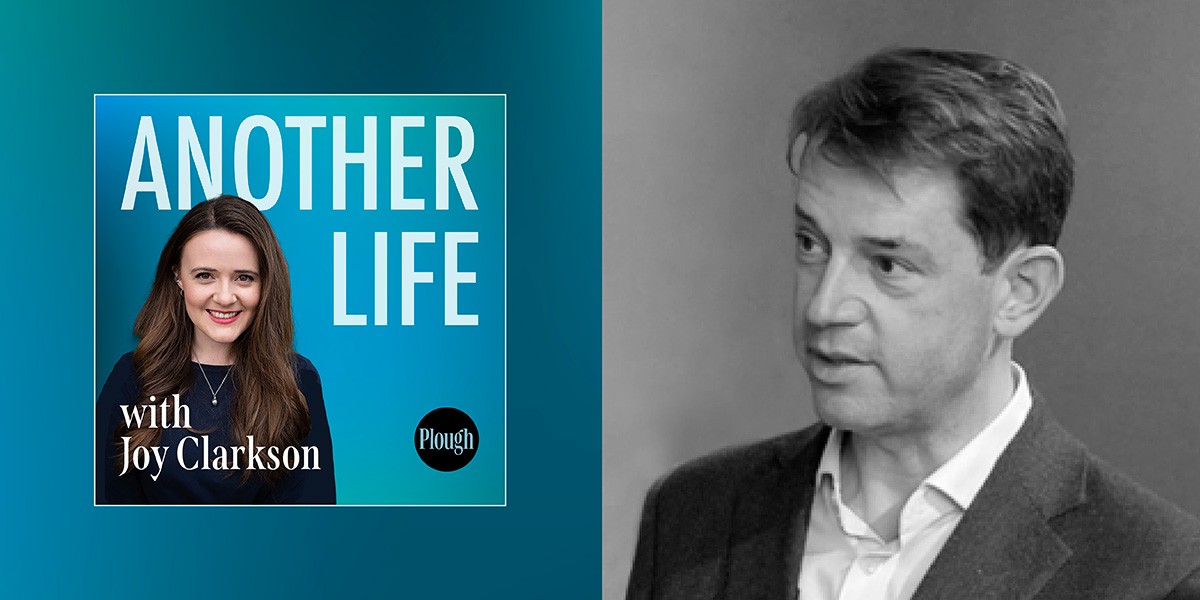 Podcast cover shows Joy Clarkson smiling on blue background and a man in grayscale looking sideways.