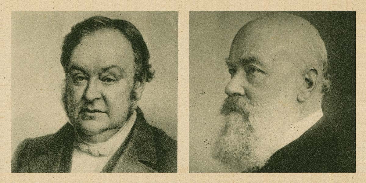 Two vintage sepia portraits of older men; one facing forward, the other in profile with a full beard.