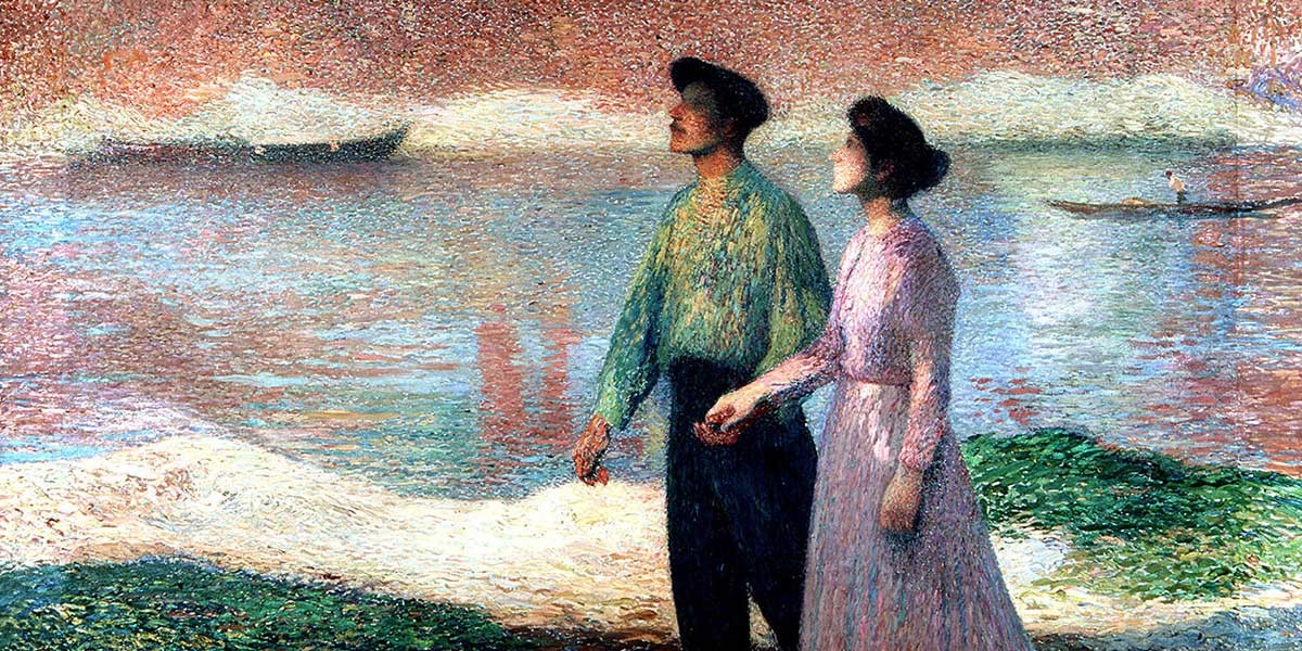 Couple holding hands on a riverbank with boats and colorful water reflections in an impressionist style.