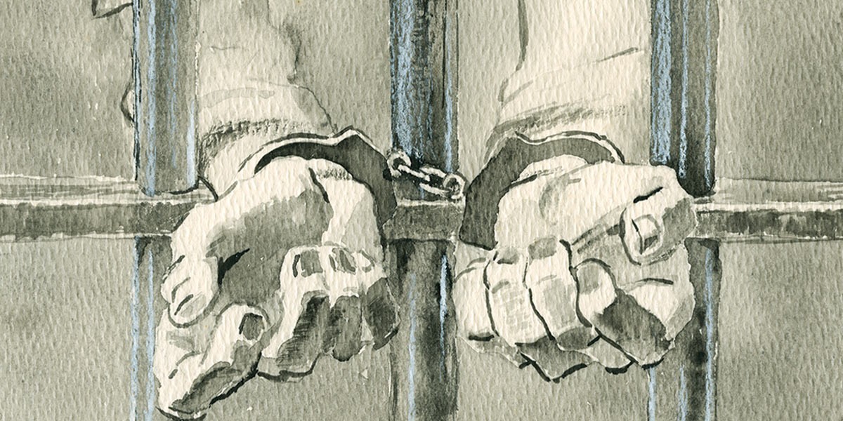 Watercolor painting of hands in handcuffs gripping prison bars from behind.