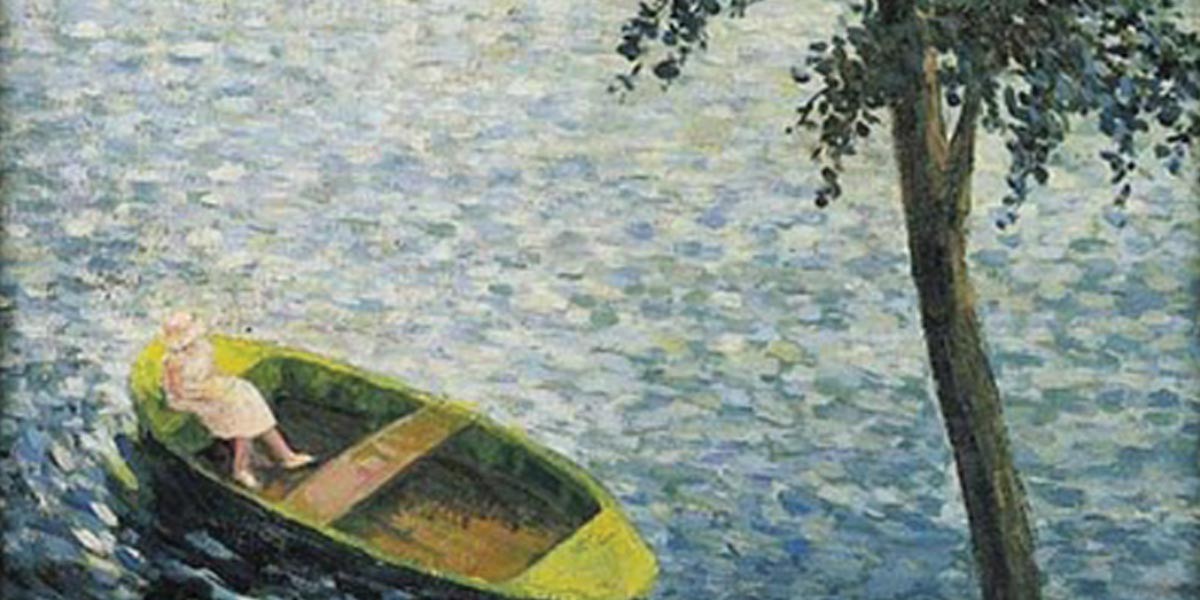 Impressionist painting of a girl in a green boat on water near a tree.