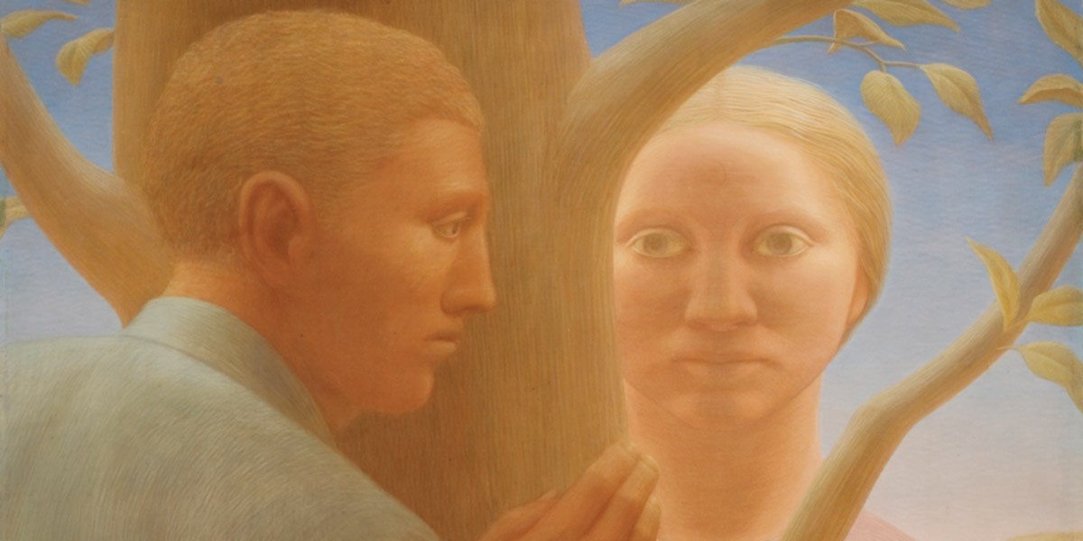Painting of a man and woman facing each other separated by a tree trunk with branches and leaves.