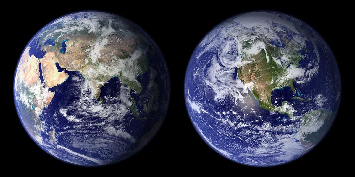 Side-by-side Earth images showing Asia and Africa on left, and North and South America on right with clouds.