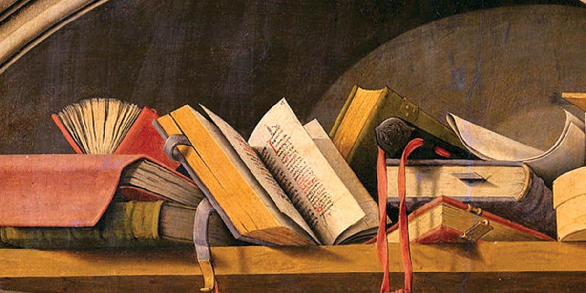Shelf with several old books, some open showing aged pages and red ribbons as bookmarks.