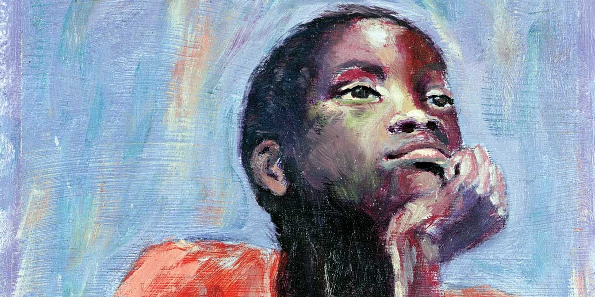 Painting of a young person resting their chin on their hand, looking thoughtfully upward.
