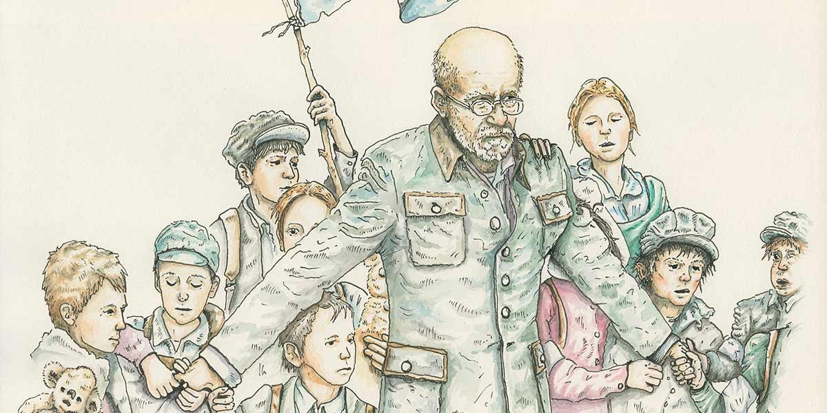 Illustration of an older man with glasses holding hands with a group of children in vintage clothes.