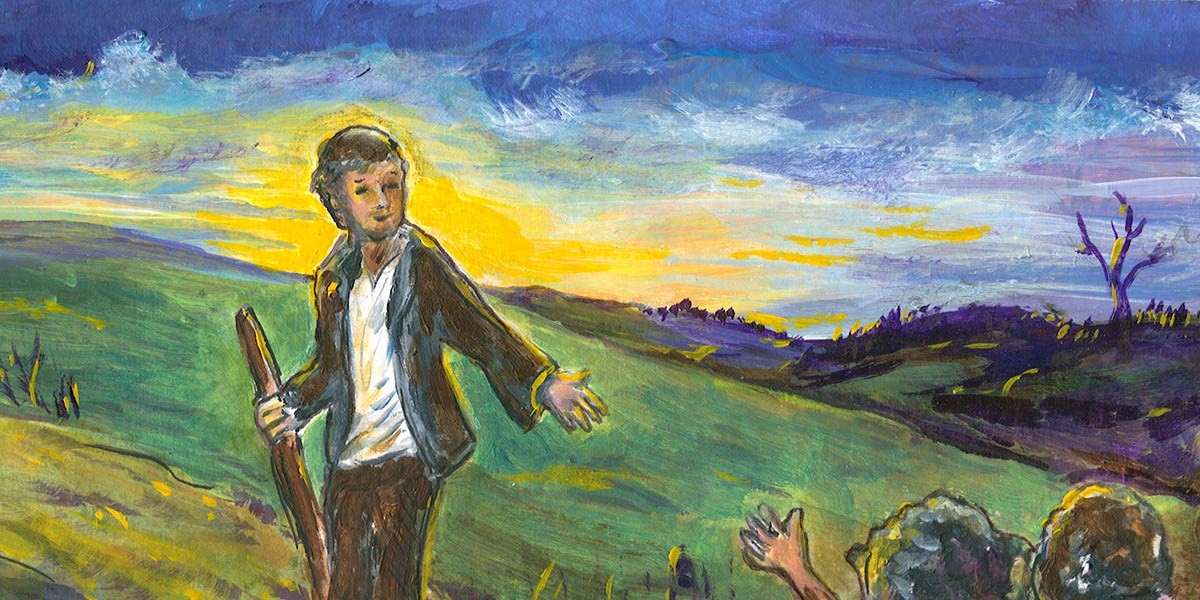 Painting of a man with a staff reaching out to two people in a green field under a colorful sunset sky.