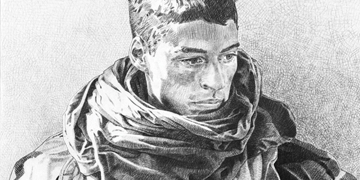 Detailed black and white drawing of a man with a scarf wrapped around his neck looking to the side.