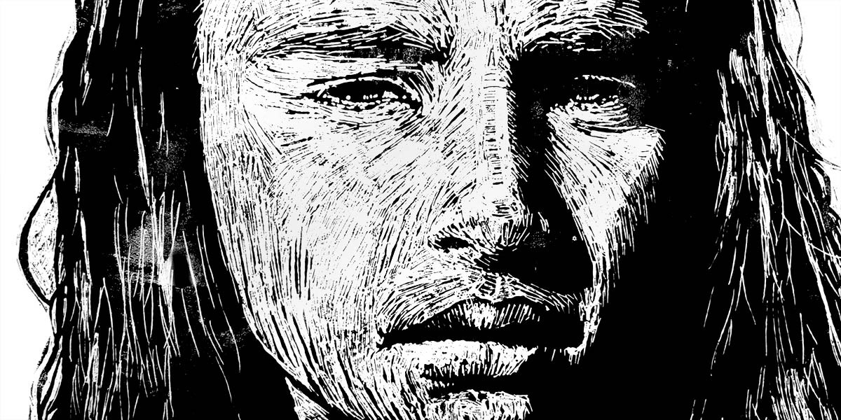 Black and white woodcut portrait of a person with long hair and a serious expression.