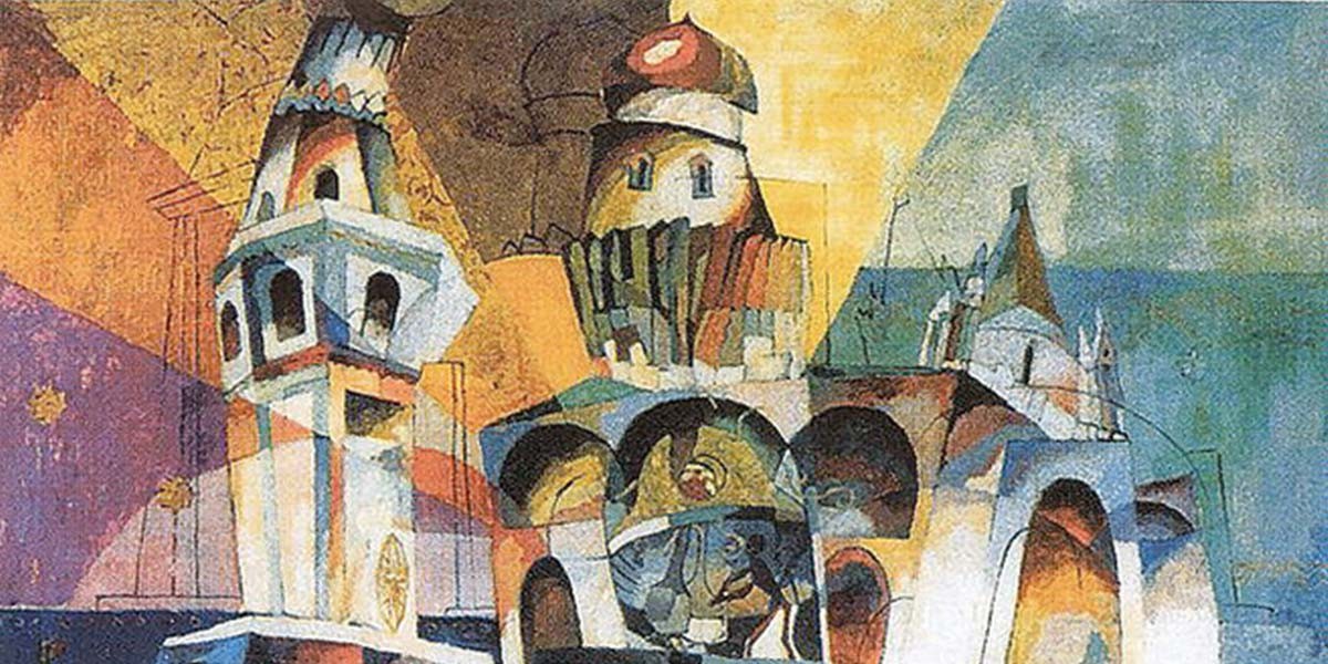 Abstract painting of a colorful, geometric castle-like structure with arches and towers.