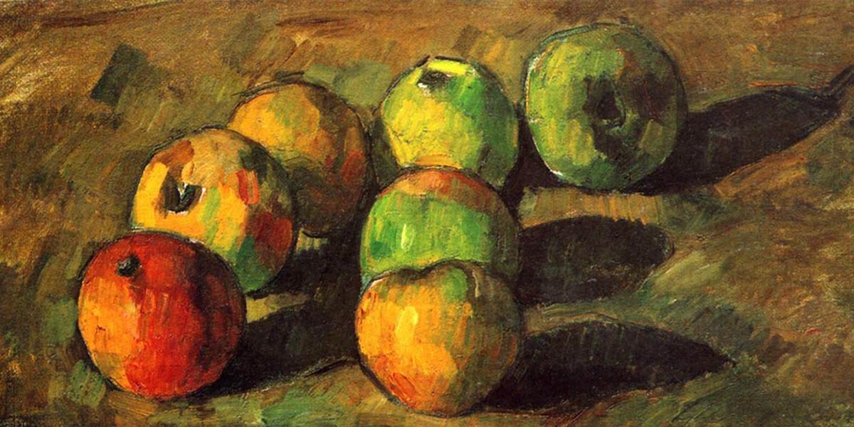 Still life painting of seven apples in various shades of green, yellow, and red on a textured surface.