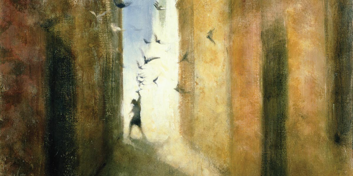 Blurry figure in a narrow alley reaching toward flying birds with textured walls on each side.