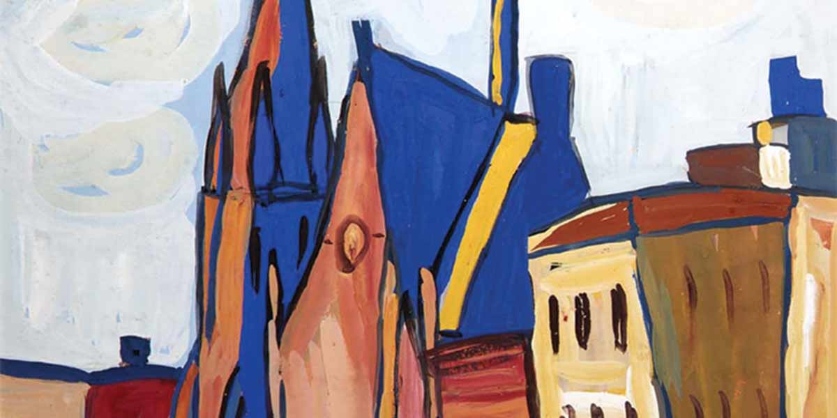 Abstract painting of colorful buildings with blue roofs and a cloudy sky background.